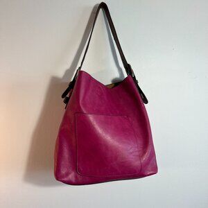 Joy Susan hobo style handbag made from vegan leather.  Magenta/Fuchsia
